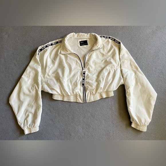 Bershka Jackets & Blazers - Bershka Women’s Cropped Sports Jacket White Medium BSK Girl Nylon Zip One Off